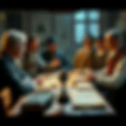A group of people in 1830s attire discussing Ethereum concepts, with old books and papers on a table.