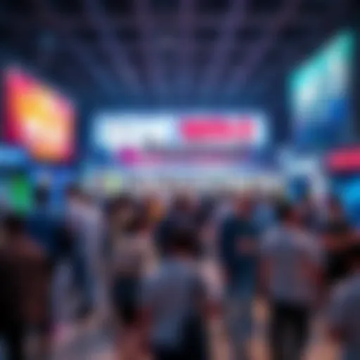 A vibrant scene of people networking at the HK Web3 Festival with banners and tech displays in the background