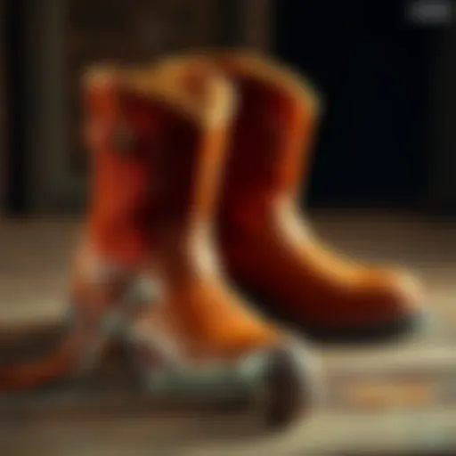Two stylish HO Old World Russet Harness boots showcasing their unique design with brown gusset and antique hardware on a rustic surface.