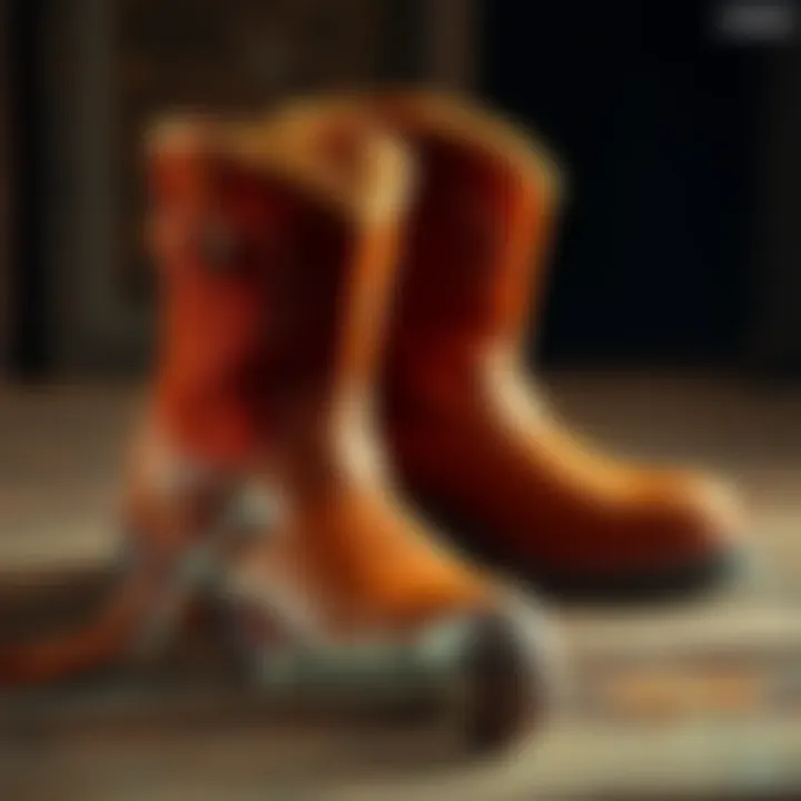 Two stylish HO Old World Russet Harness boots showcasing their unique design with brown gusset and antique hardware on a rustic surface.