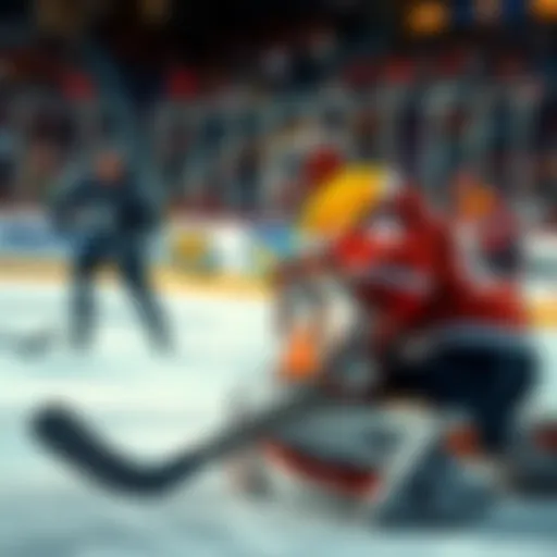 A hockey goalie making a save during a game, surrounded by players and fans