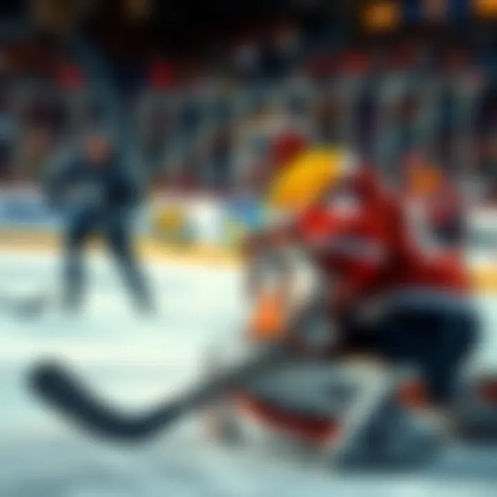 A hockey goalie making a save during a game, surrounded by players and fans