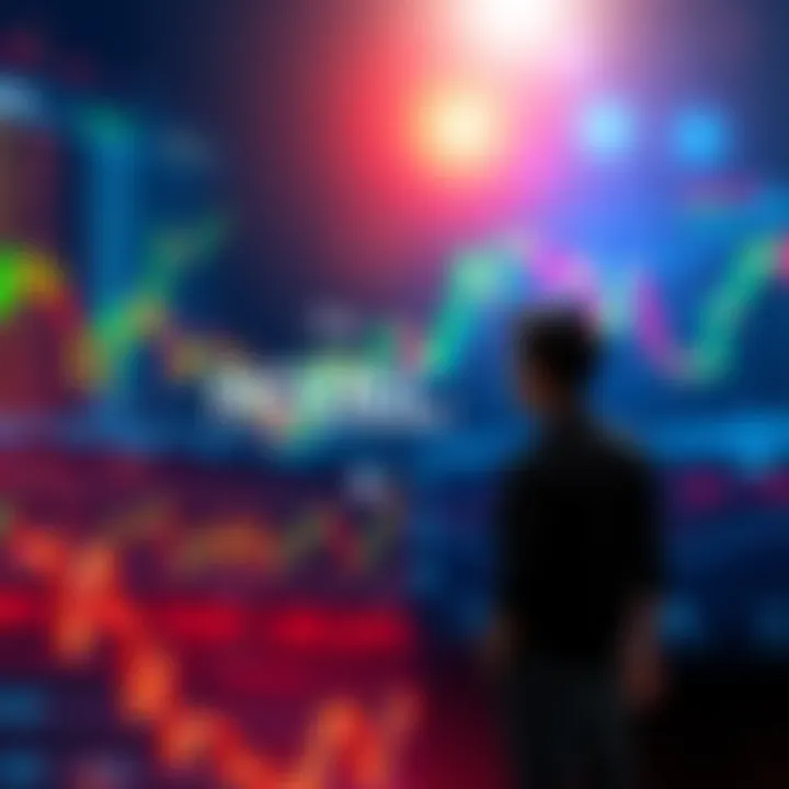 Visual representation of crypto assets with fluctuating market graphs and a person contemplating their investment choices.