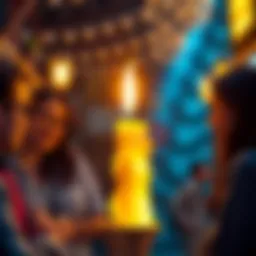 Hoge's God Candle in Crypto A bright, glowing candle representing Hoge's God Candle, with people discussing its impact in a lively environment.