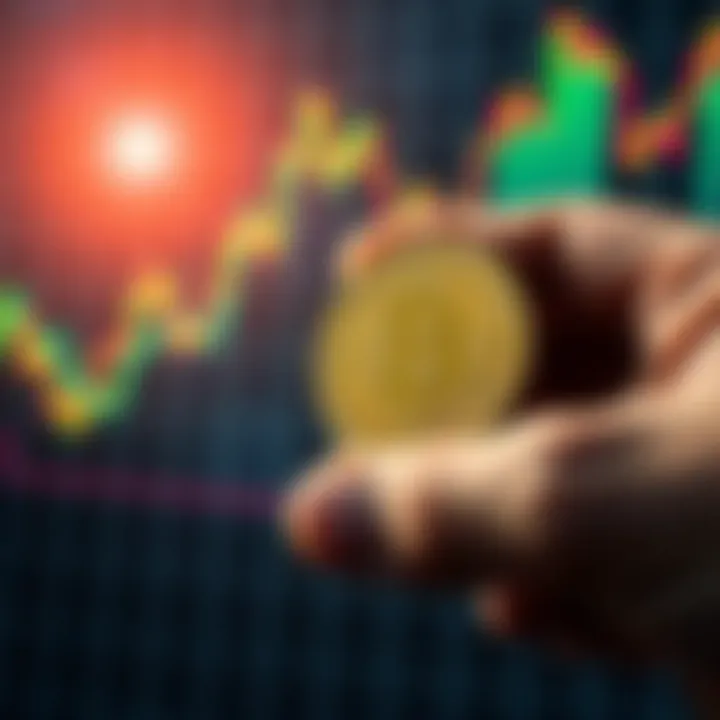 A close-up of a hand holding Pi tokens with a graph showing rising prices in the background.