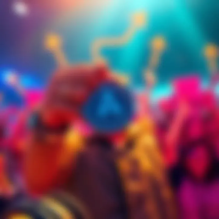 A person holding AMP tokens, looking determined and optimistic, surrounded by motivational symbols like arrows pointing upwards and a cheering crowd.