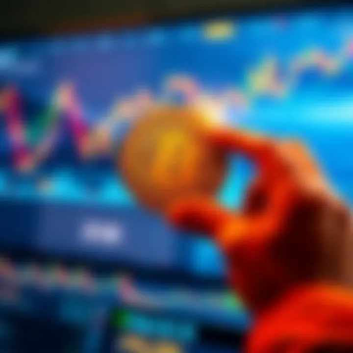 A person holding a Bitcoin in one hand while looking at a graph showing market fluctuations on a screen with a calm expression