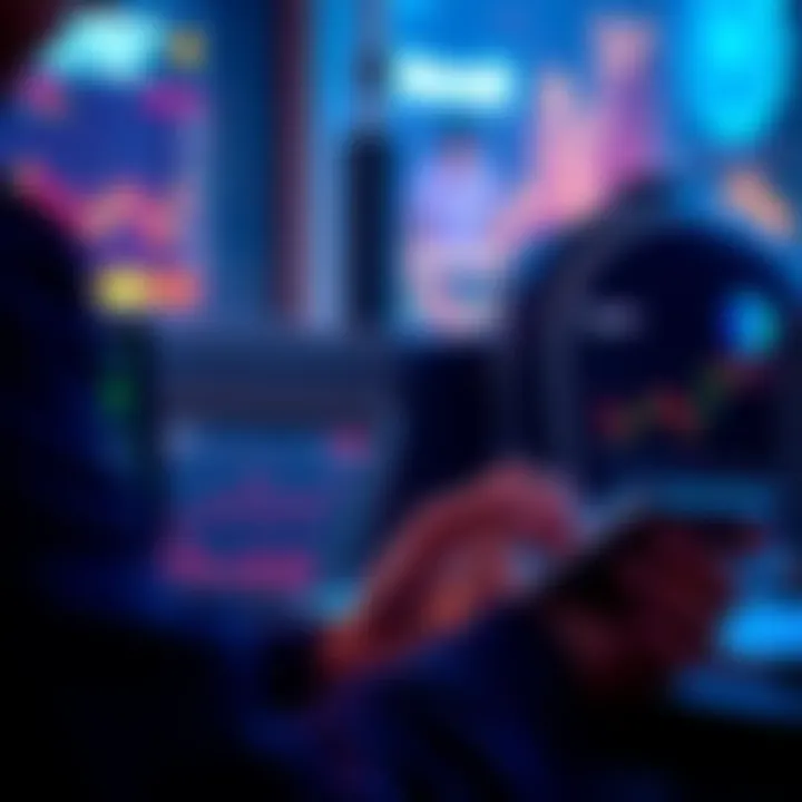 A person analyzing cryptocurrency trends on a digital device with Revolut logo visible, pondering investment choices.