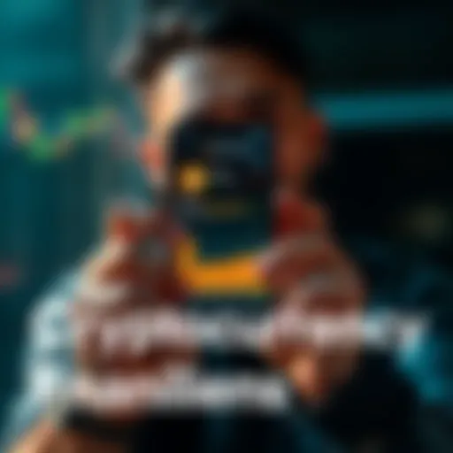 Holding cryptocurrency for financial security A person confidently holding a smartphone displaying cryptocurrency prices, symbolizing financial resilience during market fluctuations.