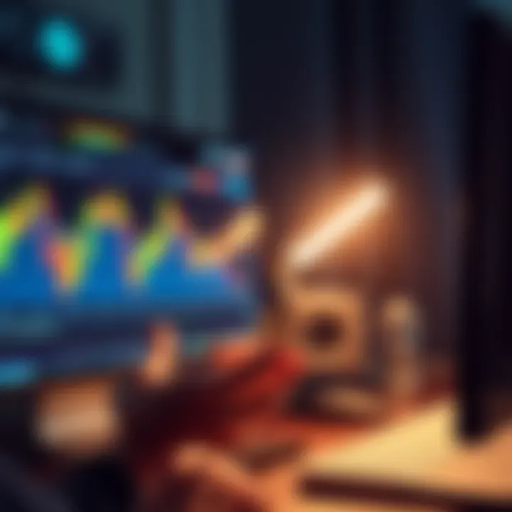 Holding Cryptocurrency A person looking at cryptocurrency charts on a computer screen, expressing a mix of excitement and concern while holding a coin in hand.