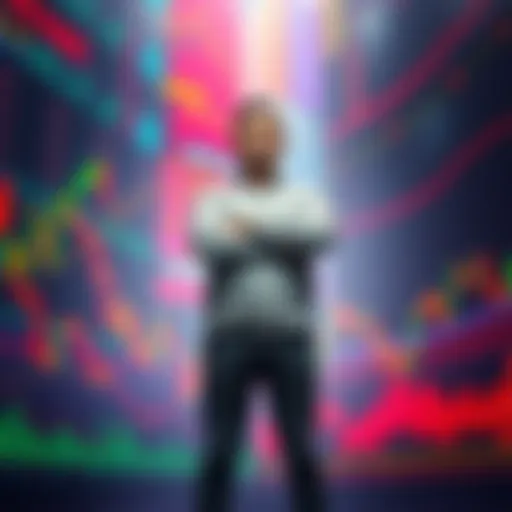 A person confidently standing with arms crossed amidst fluctuating stock charts and graphs, symbolizing determination in investment decisions.