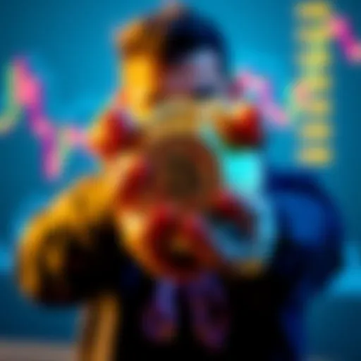 A person holding a large quantity of XYO coins with a graph showing market dips in the background.