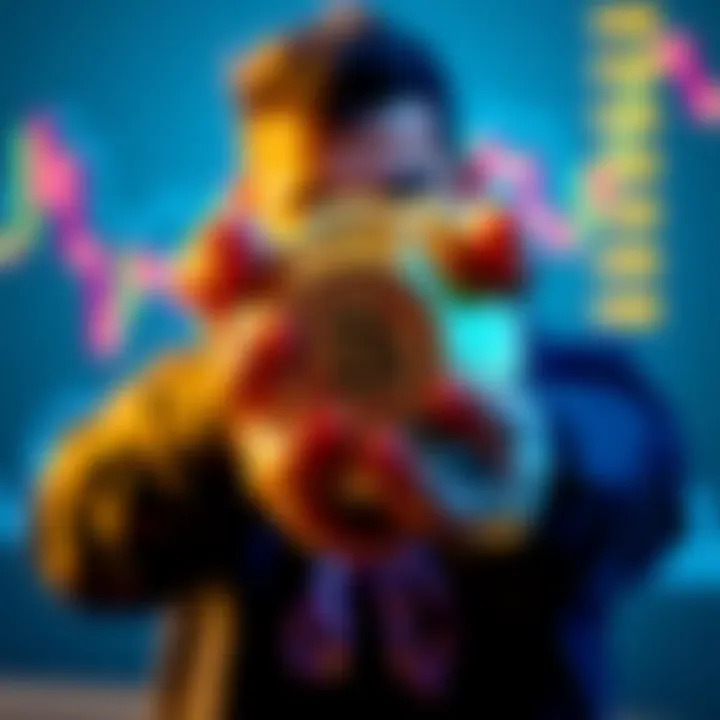 Holding XYO Coins A person holding a large quantity of XYO coins with a graph showing market dips in the background.