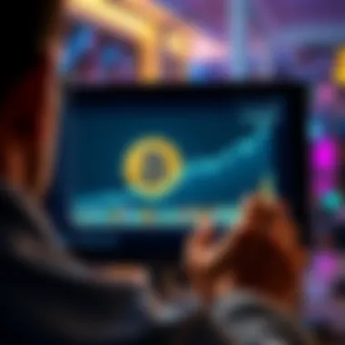 A person looking at a chart showing Bitcoin growth over ten years with 0.3 BTC visible on a screen