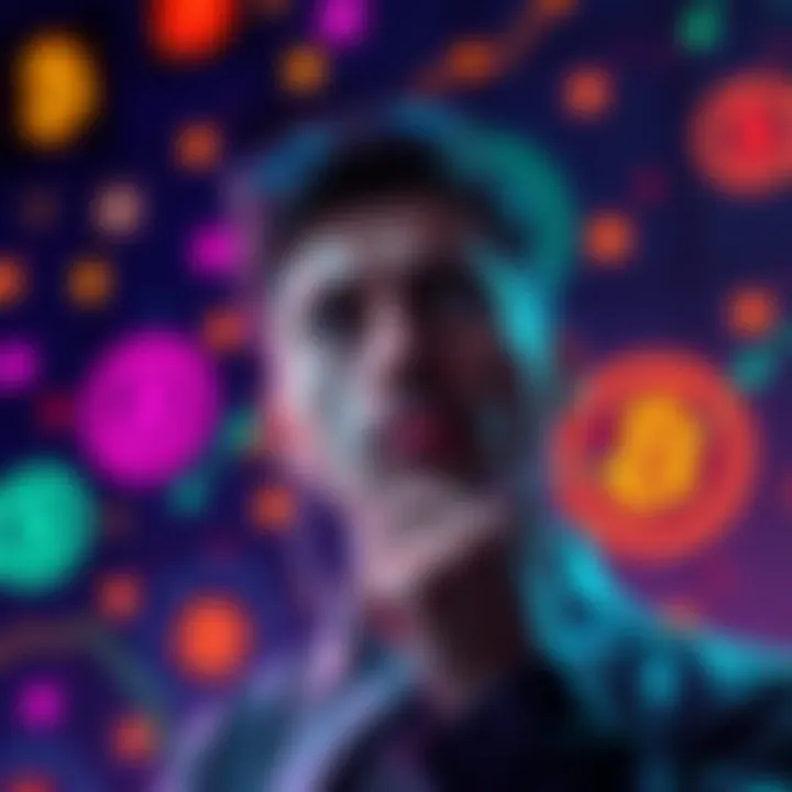 A person contemplating whether to hold or sell altcoins, with digital currency symbols in the background