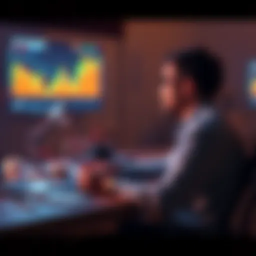A person sitting at a desk with a laptop, looking at Bitcoin price charts, considering whether to sell or hold their BTC investments.