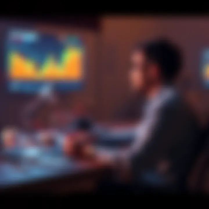 A person sitting at a desk with a laptop, looking at Bitcoin price charts, considering whether to sell or hold their BTC investments.