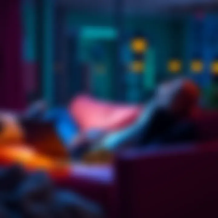 A person relaxing on a couch while checking their Bitcoin investments on a laptop, with a sense of ease and confidence.