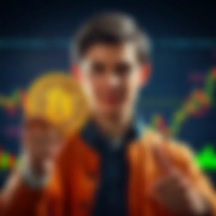 A person confidently holding a Bitcoin symbol with a determined expression, surrounded by fluctuating market graphs.