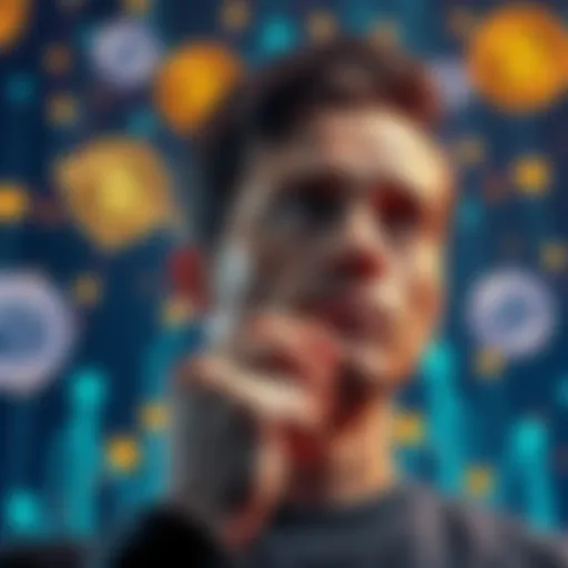 Person contemplating cryptocurrency investments with a thoughtful expression and digital currency icons in the background.