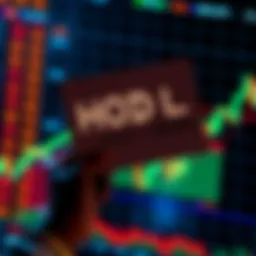 A person holding a sign that says 'HODL' while looking at declining cryptocurrency values on a graph.