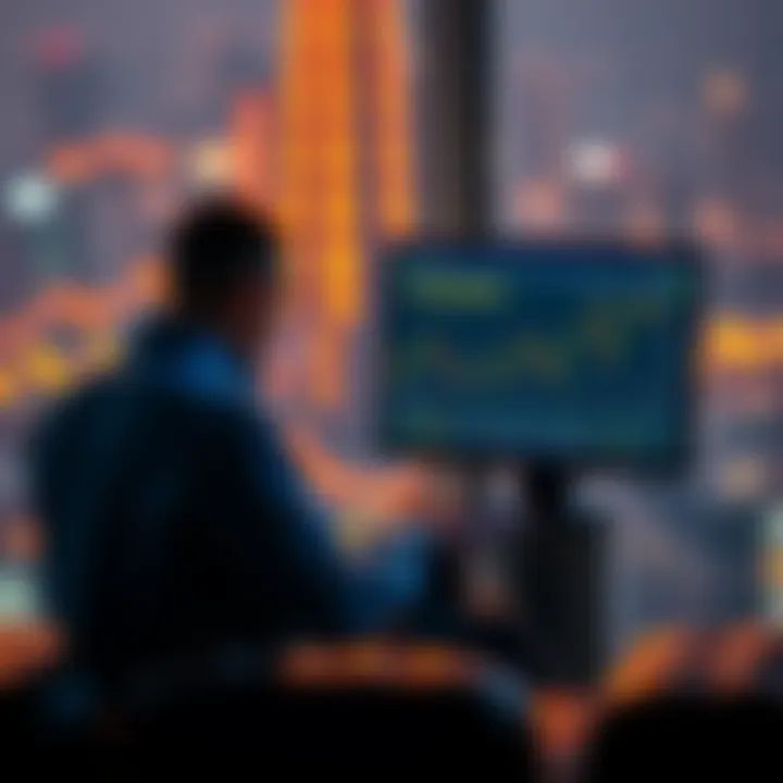 A person sitting with a laptop, analyzing cryptocurrency prices, with charts and graphs displayed on the screen.