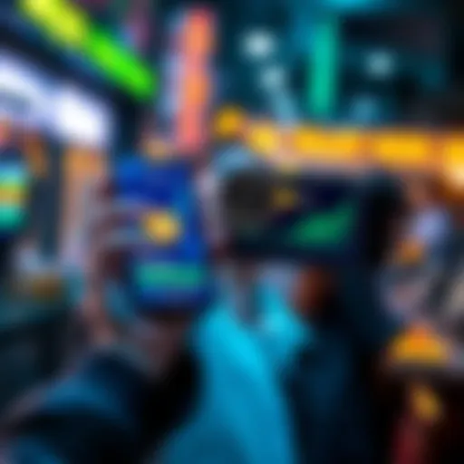 A person excitedly holding a phone displaying Dogecoin trends and prices, symbolizing hope for profit in cryptocurrency investments.