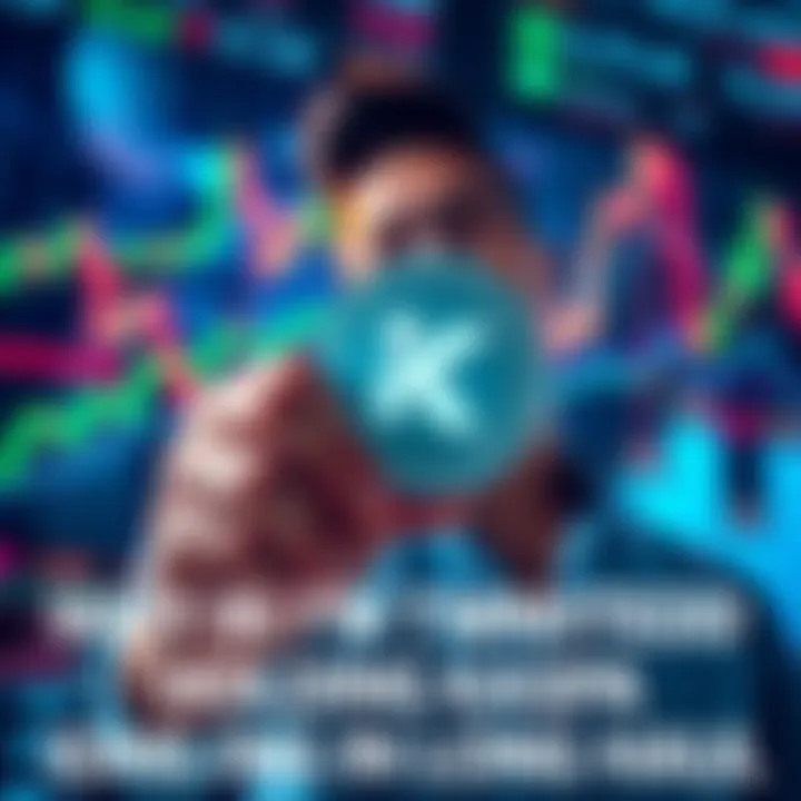 A person confidently holding a digital coin with the Kaspa logo, looking hopeful amidst fluctuating market charts in the background.