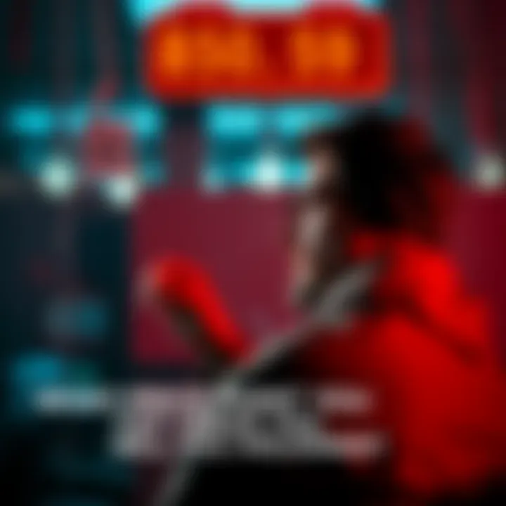 A person contemplating selling assets with price tags showing different amounts in the background