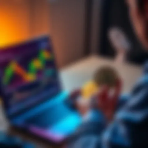 A person looking at Bitcoin charts on a laptop while holding a Bitcoin coin in hand, signifying a long-term investment strategy.