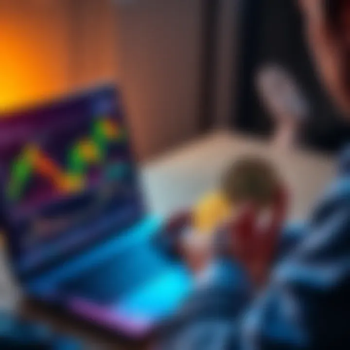 A person looking at Bitcoin charts on a laptop while holding a Bitcoin coin in hand, signifying a long-term investment strategy.