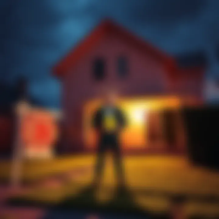 A person stands in front of a for-sale sign outside a house, holding a Bitcoin symbol, representing a bold move to invest in cryptocurrency.