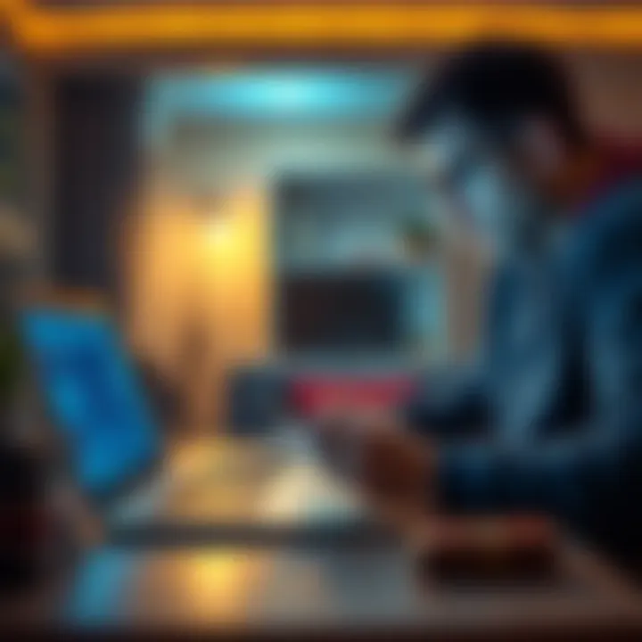 A worried person examining a laptop and cryptocurrency wallet after a burglary at their home.
