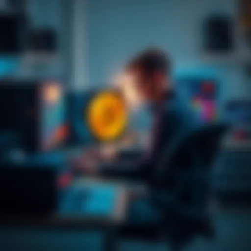 A person sitting at a desk with computer equipment and Bitcoin mining hardware, analyzing data on the screen