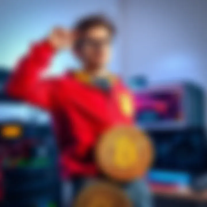 A person proudly standing next to their home mining setup, showcasing the equipment used to mine Bitcoin successfully, with two BTC blocks displayed.
