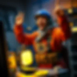 A solo home miner joyfully celebrating after winning $232K by mining a Bitcoin block with a $300 machine.