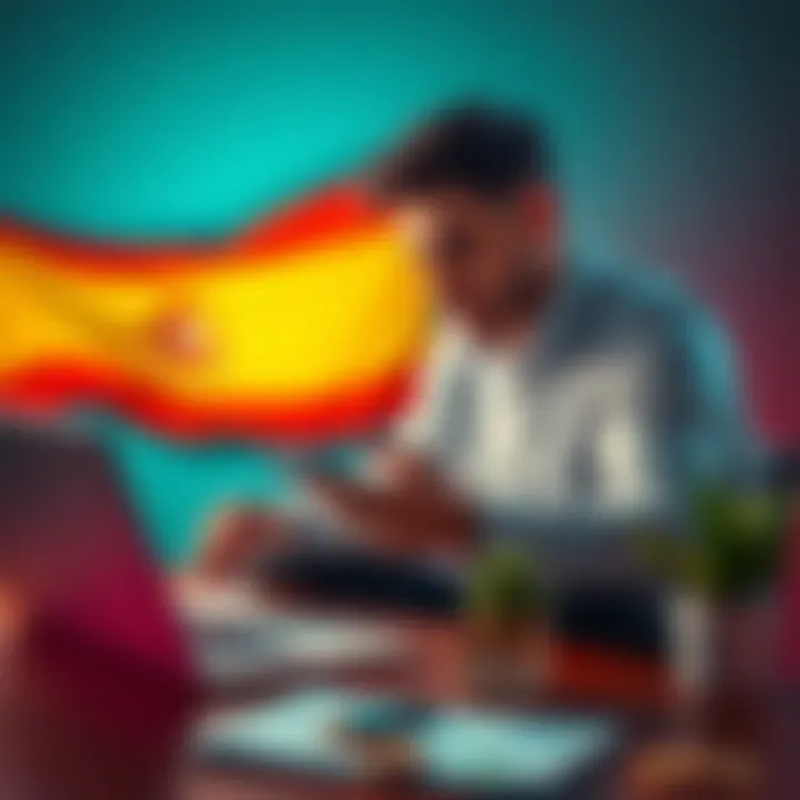 Transferring funds for home purchase in Spain A person discussing home purchase plans on a laptop with a Spanish flag and money symbols around.