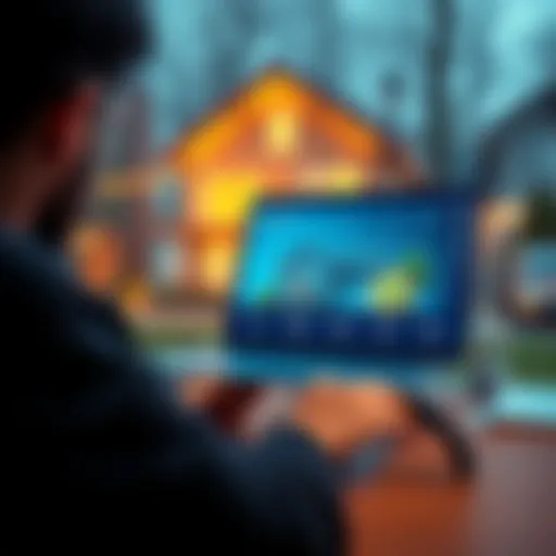 A person using a laptop to secure a property loan with cryptocurrency, showcasing digital assets and a house in the background.