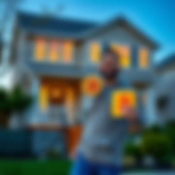 A happy homeowner stands in front of their new Bay Area house, holding a Bitcoin symbol, showcasing their journey from crypto investments to real estate ownership.