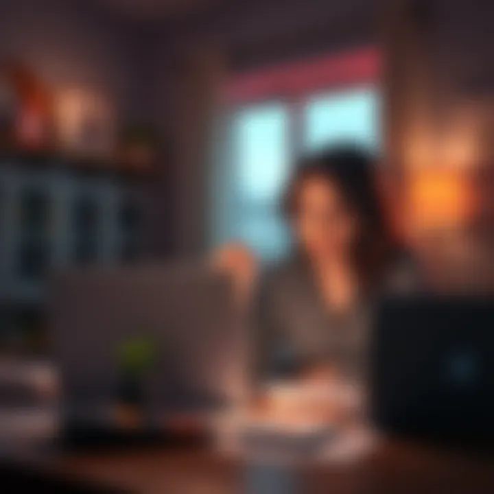 A worried homeowner looking at her laptop, contemplating how to recover lost funds from FTX after deleting her email account, surrounded by papers and a calculator.