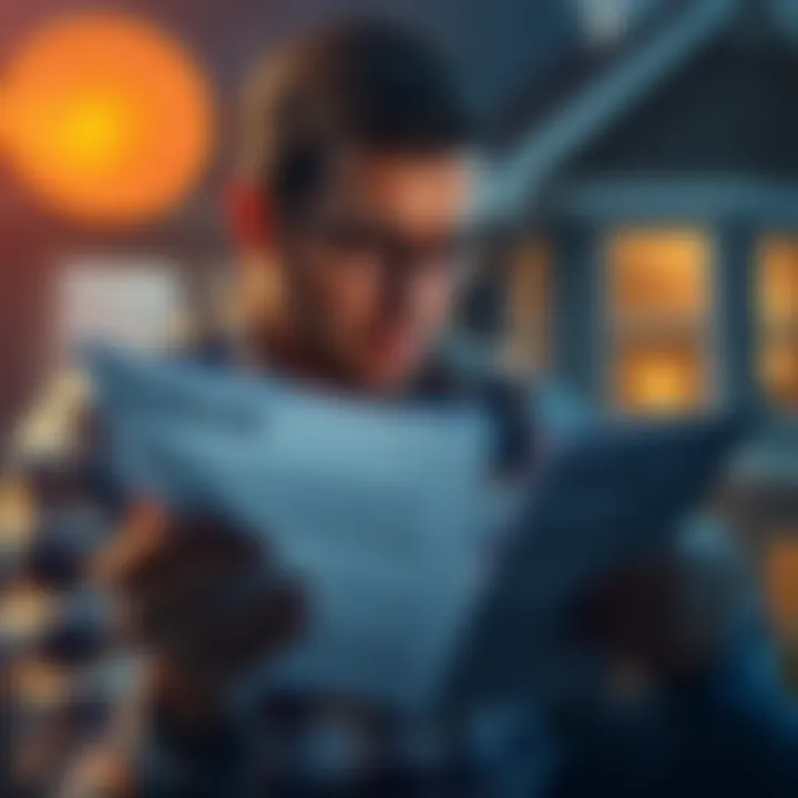 A distressed homeowner looking at financial documents with a Bitcoin symbol in the background