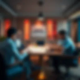 A meeting room with marketing professionals discussing truth in advertising strategies around a table with charts and graphs