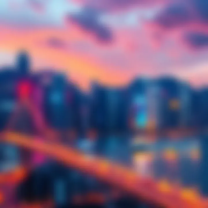 A dynamic visualization of cryptocurrency staking services with Hong Kong's skyline in the background.