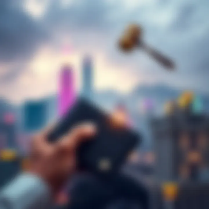 A person holding a digital wallet against a backdrop of the Hong Kong skyline with a law book and gavel visible, symbolizing new legal challenges for wallet owners.