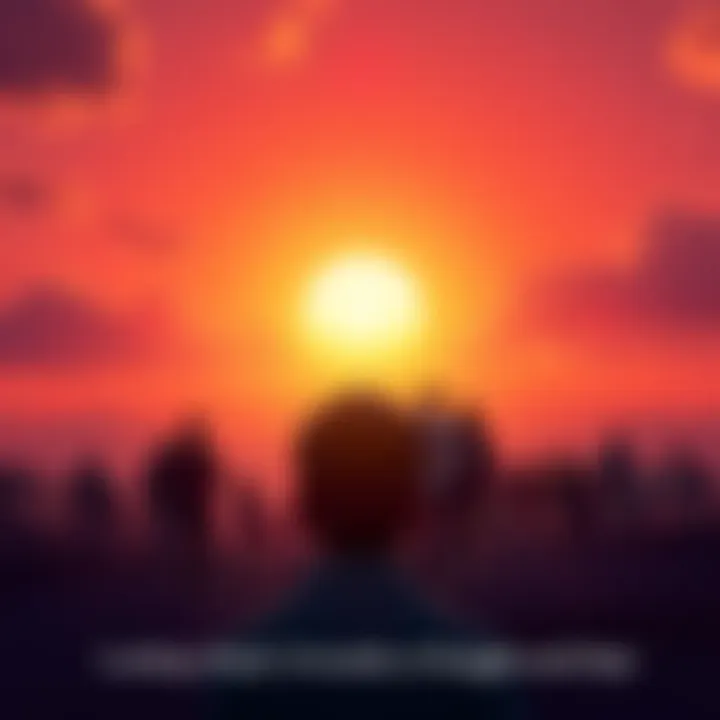 A bright sunrise symbolizing hope after challenges, with people looking forward happily