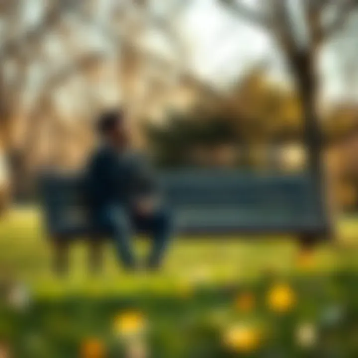 A person sitting on a park bench with a hopeful expression, surrounded by nature, symbolizing support and resilience during tough times.