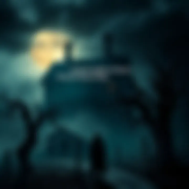 Horror Theme Art A dark and eerie scene featuring symbolic elements of horror like a haunted house, twisted trees, and a shadowy figure. The colors are muted, creating a sense of dread.