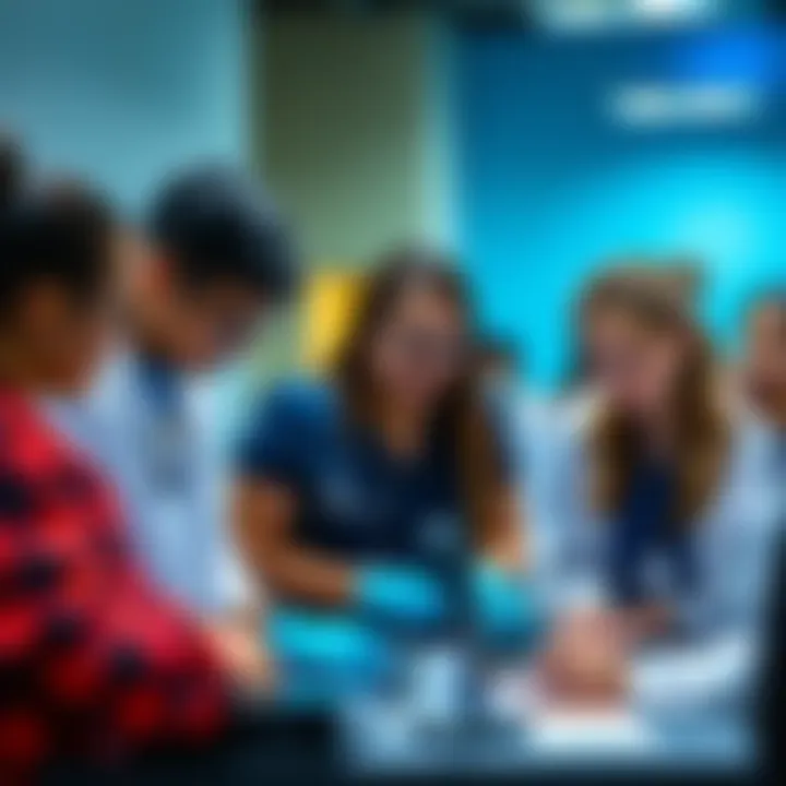 HOSA Members in Action A group of HOSA members engaged in a healthcare skills competition, showcasing teamwork and professional skills.
