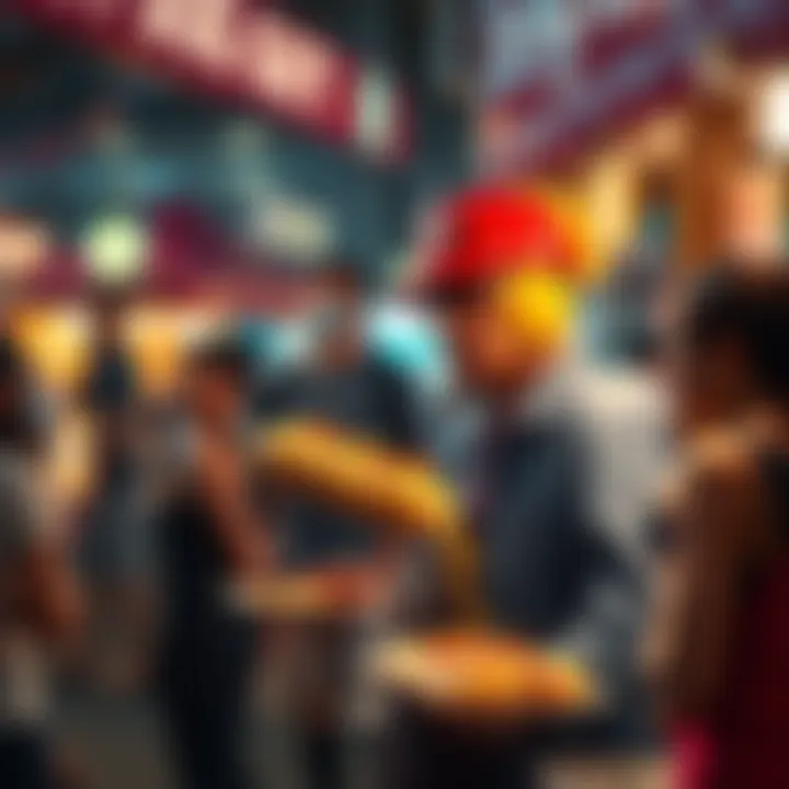 A vendor at a busy market serving hot, fresh Kaspa to excited people.