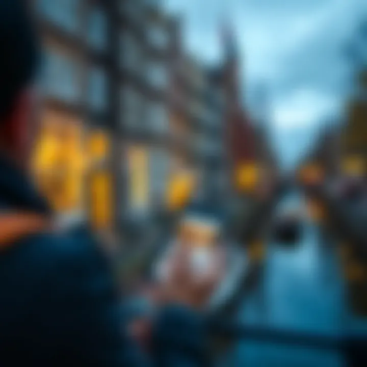 A traveler checking hotel options on a smartphone while looking at Amsterdam's canals.